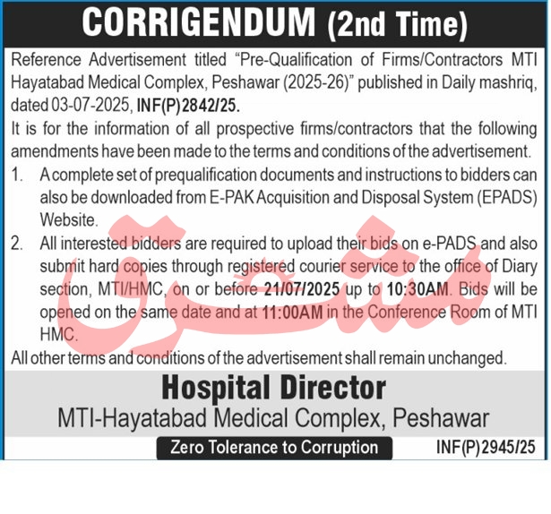 MTI Hayatabad Medical Complex Peshawar Tender Notice